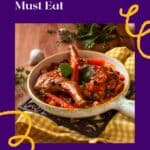Pinterest pin about Luxembourg traditional food, rabbit stew served in white pan with rustic backdrop