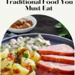 Pinterest pin about Luxembourg traditional food, smoked pork collar with potatoes and beans in creamy sauce