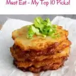 Pinterest pin about Luxembourg traditional food, stack of potato pancakes with green onions
