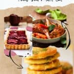 Pinterest pin about Luxembourg traditional food, rabbit stew, plum tart, stack of potato pancakes