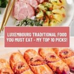 Pinterest pin about Luxembourg traditional food, smoked pork collar with potatoes and beans in creamy sauce, riesling pie