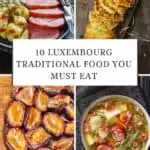 Pinterest pin about Luxembourg traditional food, smoked pork collar with potatoes and beans in creamy sauce, potato pancakes, plum tart, green bean soup
