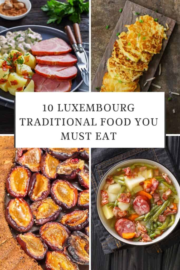 Pinterest pin about Luxembourg traditional food, smoked pork collar with potatoes and beans in creamy sauce, potato pancakes, plum tart, green bean soup