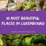 Pinterest pin about things to do in luxembourg, aerial shot of luxembourg city old town, tri-part waterfall with stone bridge in mullerthal trail