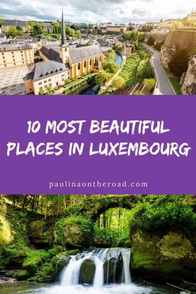 Pinterest pin about things to do in luxembourg, aerial shot of luxembourg city old town, tri-part waterfall with stone bridge in mullerthal trail