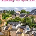 Pinterest pin about things to do in luxembourg, view of yellow buildings in luxembourg city old town