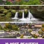 Pinterest pin about things to do in luxembourg, luxembourg city old town, tri-part waterfall in mullerthal trail, small town of schengen