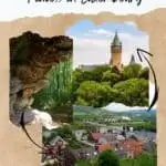 Pinterest pin about things to do in luxembourg, church tower with lush trees in foreground, rock formations in mullerthal trail, old town of schengen with bridge