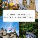 Pinterest pin about things to do in luxembourg, old town with illuminated lights, church towers, luxembourg flag atop historical building, mullerthal trail