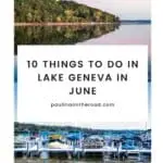 Pinterest pin about things to do in Lake Geneva showing pink sunset reflecting off waters and boats docked in pier