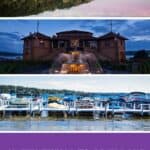 Pinterest pin about things to do in Lake Geneva in June showing pink sunset reflecting on the water, fountain in the historic riviera, boats docked in the pier