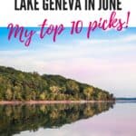 Pinterest pin about things to do in Lake Geneva showing pink sunset reflecting off crystal-clear waters