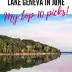 Pinterest pin about things to do in Lake Geneva showing pink sunset reflecting off crystal-clear waters