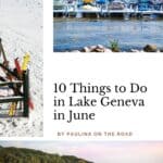 Pinterest pin about things to do in Lake Geneva showing boats docked in pier, umbrellas stored in white sandy beach, and pink sunset reflecting off crystal clear waters