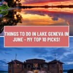 Pinterest pin about things to do in Lake Geneva showing a bright orange sunset reflecting off the waters and fountain in historic riviera