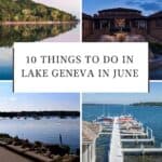 Pinterest pin about things to do in Lake Geneva showing pink sunset reflecting off waters, fountain in historic riviera, paved path in shoreline, boats docked in pier