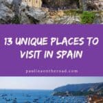 Pinterest title about unique places to visit in spain showing photo of covadonga sanctuary in rock formations and coastal town of cadaqués