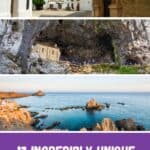 Pinterest title about unique places to visit in spain showing photo of old town trujillo, covadonga sanctuary, and cabo de gata rock formations beach