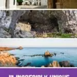 Pinterest title about unique places to visit in spain showing photo of old town trujillo, covadonga sanctuary, and cabo de gata rock formations beach