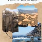 Pinterest title about unique places to visit in spain showing photo of ronda with new bridge, las medulas gold mine, and rock formations in cabo de gata