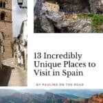 Pinterest title about unique places to visit in spain showing photo of old town in morella, covadonga sanctuary, and las medulas ancient gold mine
