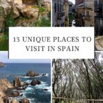 Pinterest title about unique places to visit in spain showing photo of covadonga sanctuary, streets of ciudad rodrigo, rock formations in cabo de gata, and Garajonay National Park