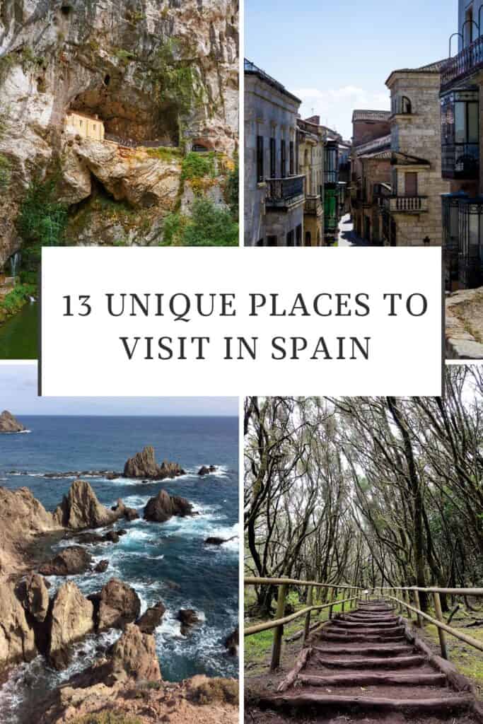 Pinterest title about unique places to visit in spain showing photo of covadonga sanctuary, streets of ciudad rodrigo, rock formations in cabo de gata, and Garajonay National Park