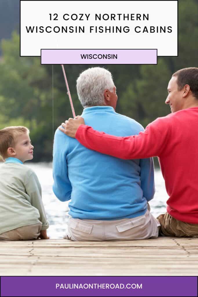 a pin with 2 men and a kid fishing on a dock at one of the Northern Wisconsin Fishing Cabins