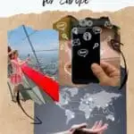 travel blogger using phone during traveling with a high of the city from atop; a hand holding an iphone with black screen with social icons popping out the screen; a hand is holding a world map with connections on a gray background