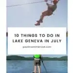 a man going down while on a zip line; a back of a person paddle boarding on a lake