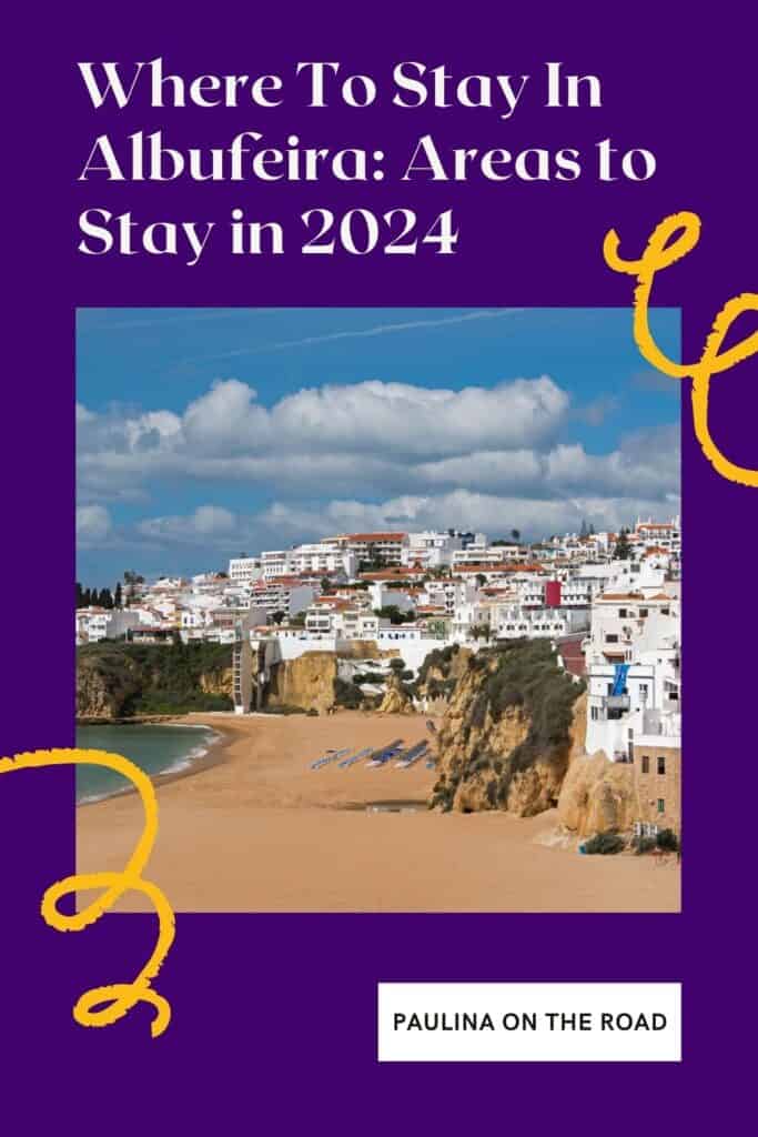 a pin with a beach landscape with building in the back, Where To Stay In Albufeira