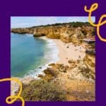 Pinterest pin about fun things to do in albufeira in june showing photo of rocky cliff overlooking sandy beach