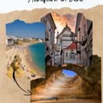 Pinterest pin about fun things to do in albufeira in june showing photo of old town during sunset, crowded beach with rocky formations, and benagil cave