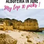 Pinterest pin about fun things to do in albufeira in june showing photo of secluded beach with a blue umbrella and big rocky cliffs and formations