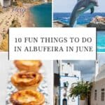 Pinterest pin about fun things to do in albufeira in june showing photo of rocky crowded beach, dolphin jumping out of water, pastel de nata traditional portuguese food, and a random cobbled street in old town