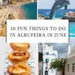 Pinterest pin about fun things to do in albufeira in june showing photo of rocky crowded beach, dolphin jumping out of water, pastel de nata traditional portuguese food, and a random cobbled street in old town