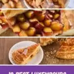 Pinterest pin about Luxembourg desserts showing photos of fried donuts, damson plum tart, and three kings cake