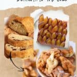 Pinterest pin about Luxembourg desserts showing photos of raisin bread, damson plum tart, and fried donuts