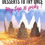 Pinterest pin about Luxembourg desserts showing photo of three kings cake with gold crown on top and blue background