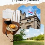 Pinterest pin about luxembourg in one day showing photo of coffee and pastry, luxembourg flag on top of building, and public park with greenery