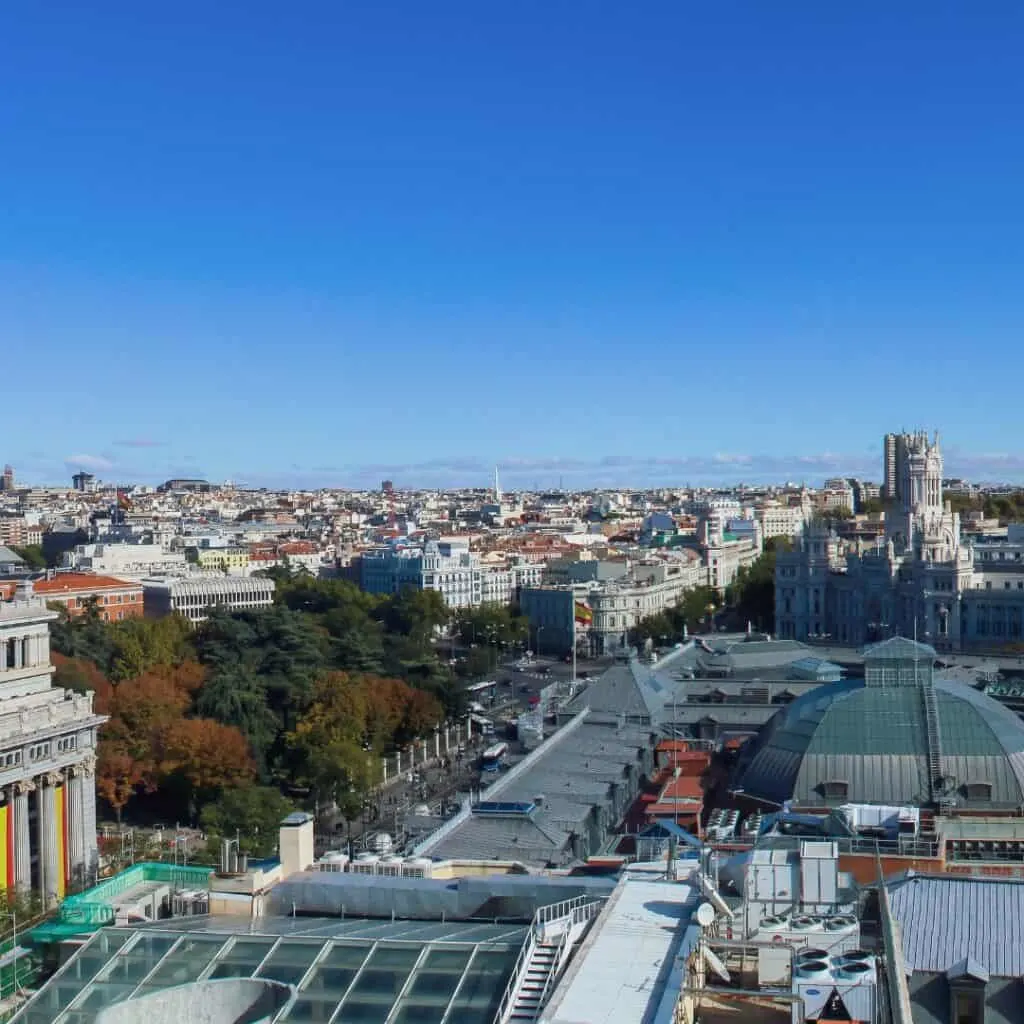 A panoramic view of Madrid, Spain from the rooftop terrace of the Círculo de Bellas Artes
