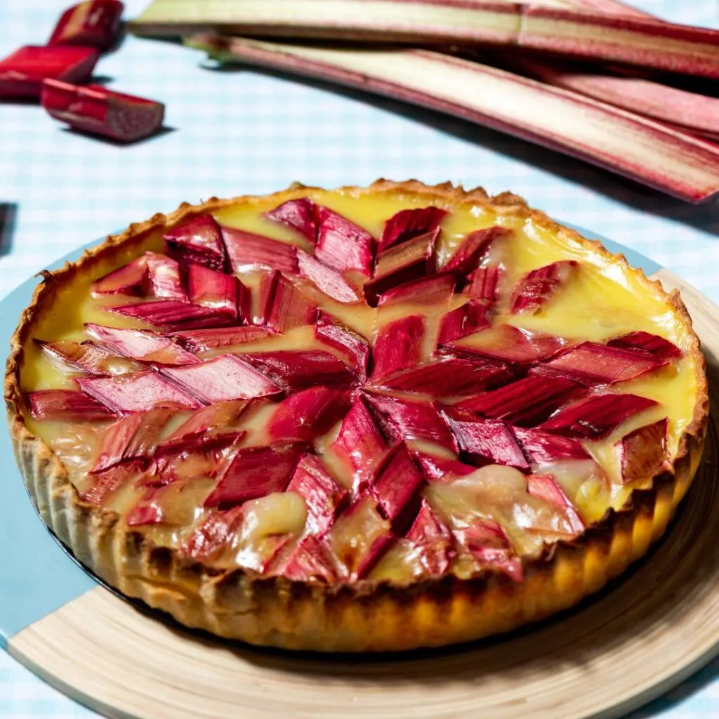 rhubarb tart in a wooden picnic table with slices of rhubarb cubes stalks in the background