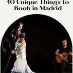 Pinterest pin about unique things to book in madrid showing photo of flamenco dancers with guitar player