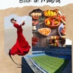Pinterest pin about unique things to book in madrid showing photo of different tapas, flamenco dancer, and santiago bernabeau stadium