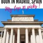 Pinterest pin about unique things to book in madrid showing photo of prado museum with spanish flag on top