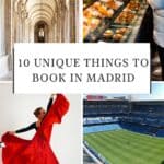Pinterest pin about unique things to book in madrid showing photo of royal palace hallway, different tapas, flamenco dancer, and santiago bernabeau stadium