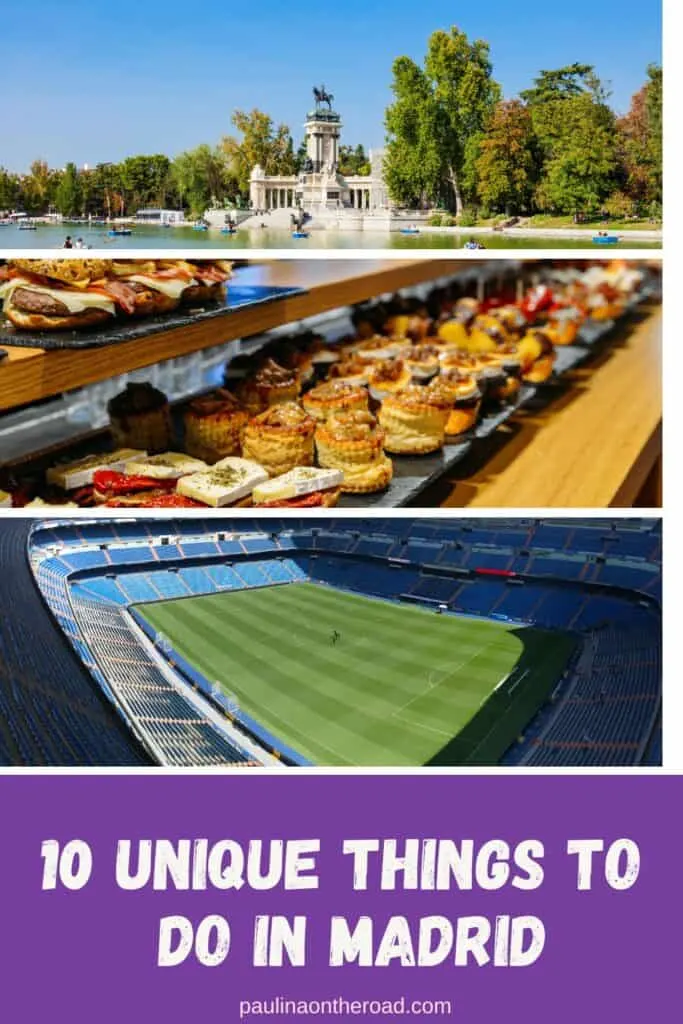 Pinterest pin about unique things to do in Madrid showing photo of retiro park, tapas bar, and empty football stadium