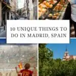 Pinterest pin about unique things to do in Madrid showing photo of lavapies neighborhood, different tapas, football fans watching a game, and el rastro flea market crowds