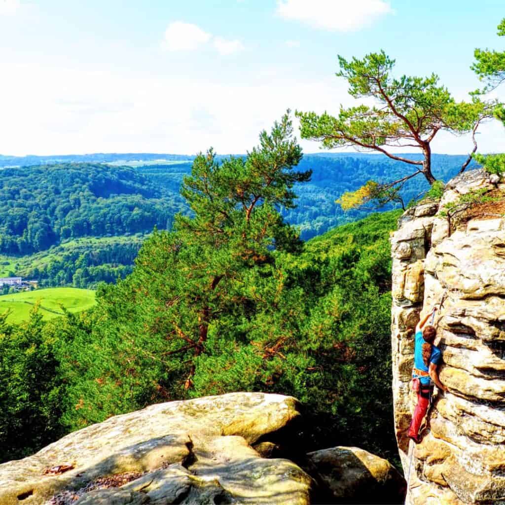 A person in red pants and a blue backpack rock climbing in the Ardennes region. Trees and other plants are visible in the background.