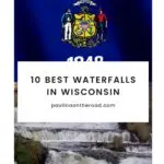 a blue flag with a symbol of wisconsin; a powerful waterfall cascading through small levels with rocks